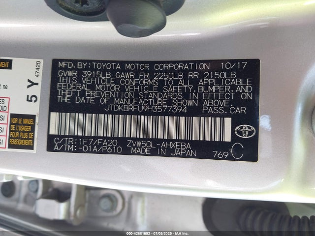 JTDKBRFU9H3577394 Toyota 2zr-fxe,1nm