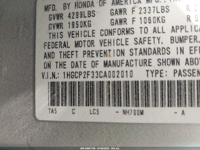 Auction sale of the 2012 Honda Accord 2.4 Lx, vin: 1HGCP2F33CA002010, lot number: 42681706