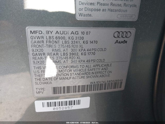 2008 AUDI Q7 WA1EV74L58D028945 Photo 8