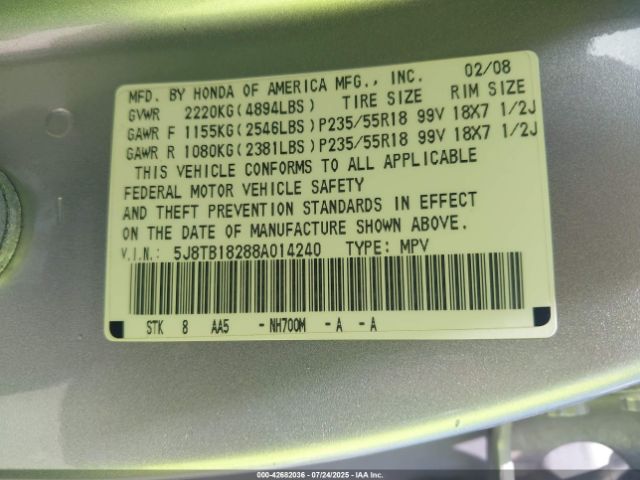 2008 ACURA RDX 5J8TB18288A014240 Photo 8