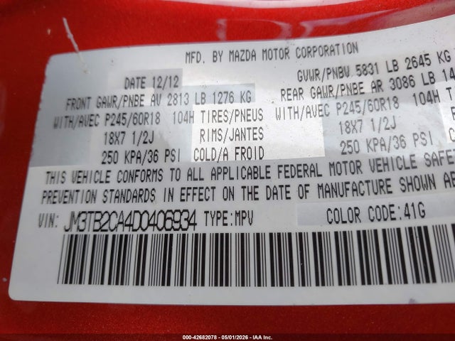 Продаж на аукціоні авто 2013 Mazda Cx-9 Touring, vin: JM3TB2CA4D0406934, номер лоту: 42682078