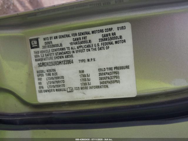 2003 HUMMER H2 5GRGN23U83H123964 Photo 8