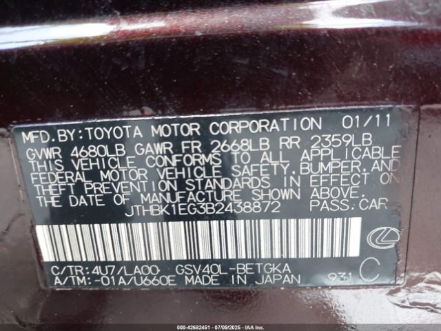 2011 LEXUS ES 350 JTHBK1EG3B2438872 Photo 8