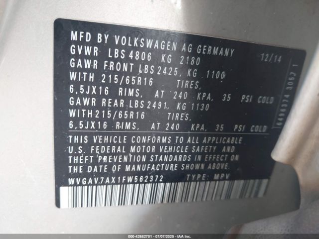 2015 VOLKSWAGEN TIGUAN WVGAV7AX1FW562372 Photo 8