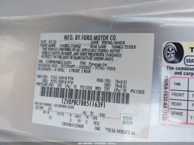 2011 FORD MUSTANG 1ZVBP8CF8B5116391 Photo 8