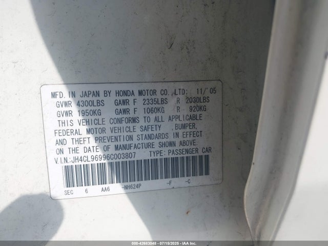 2006 Acura Tsx მანქანა იყიდება აუქციონზე, vin: JH4CL96996C003807, აუქციონის ნომერი: 42683048