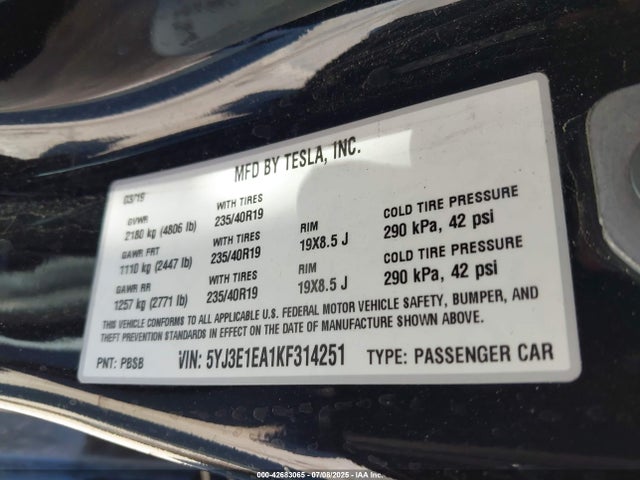 Tesla 2019 2019 5YJ3E1EA1KF314251 Image 9
