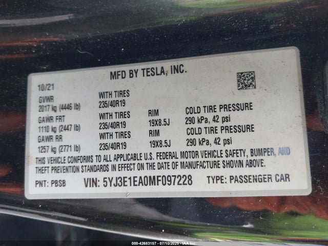 2021 TESLA MODEL 3 5YJ3E1EA0MF097228 Photo 8