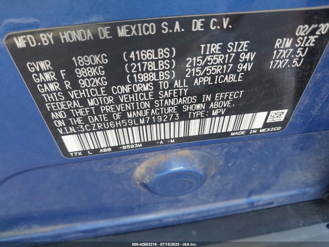 3CZRU6H59LM719273 Honda r18z9