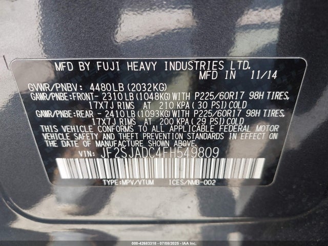 Subaru 2.5na u5 2015 JF2SJADC4FH549809 Image 9
