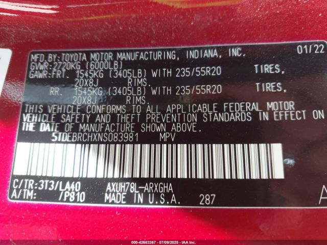 2022 TOYOTA HIGHLANDER 5TDEBRCHXNS083981 Photo 8