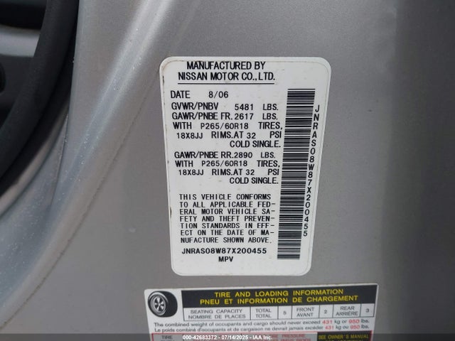 Aukcja sprzedaży 2007 Infiniti Fx35, vin: JNRAS08W87X200455, numer aukcji: 42683372