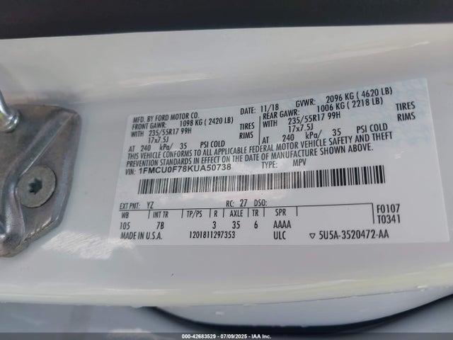 1FMCU0F78KUA50738 Ford 2.5l i-vct