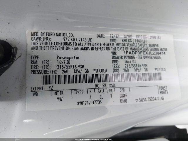 1FADP3FEXJL230474 Ford 1.0l gtdi