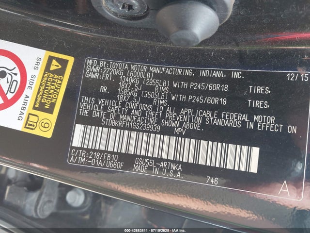 5TDBKRFH1GS239939 Toyota 2gr-fe