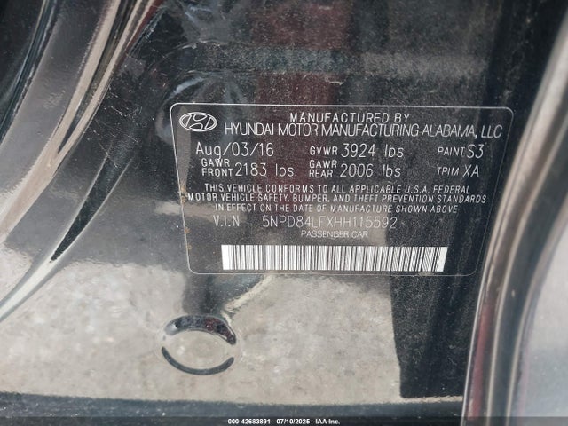 5NPD84LFXHH115592 Hyundai 2017