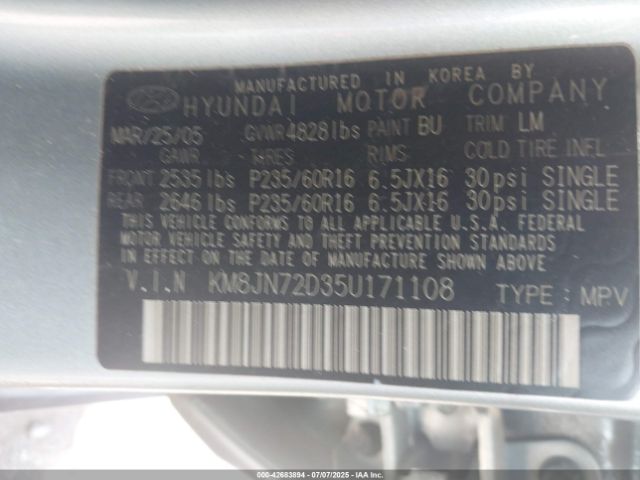 2005 HYUNDAI TUCSON KM8JN72D35U171108 Photo 8