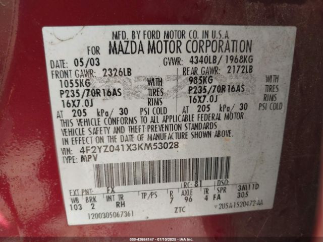 2003 MAZDA TRIBUTE 4F2YZ041X3KM53028 Photo 8