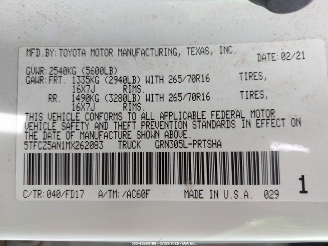 5TFCZ5AN1MX262083 Toyota 2gr-fks