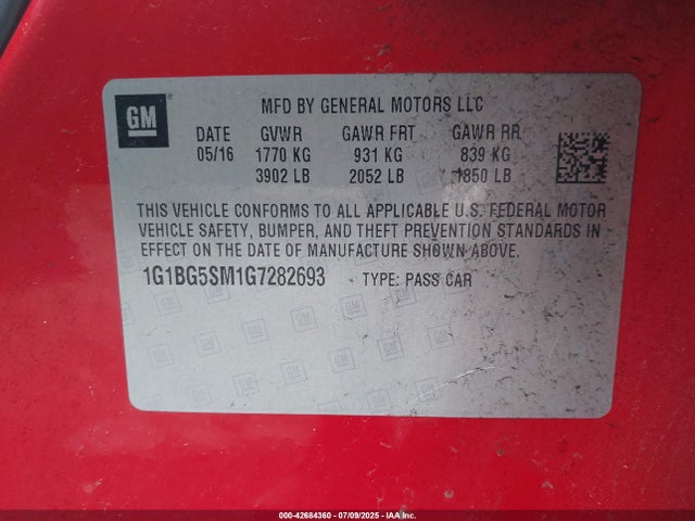 1G1BG5SM1G7282693 Chevrolet le2 - di: direct injection, alum, vvt, gen i, gmna