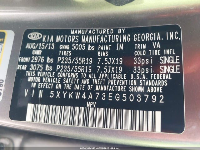 5XYKW4A73EG503792 KIA gasoline 3.3 v6 gdi lambda ii