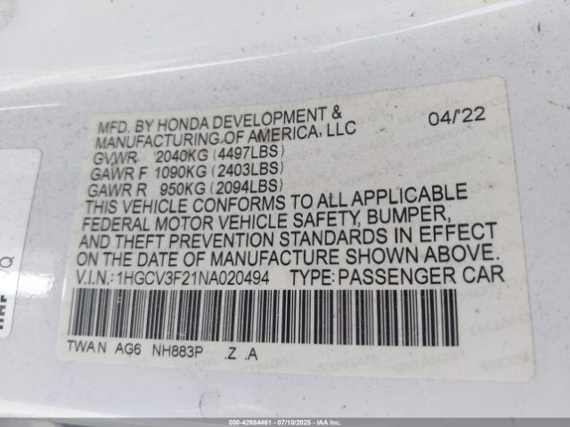 2022 HONDA ACCORD 1HGCV3F21NA020494 Photo 8
