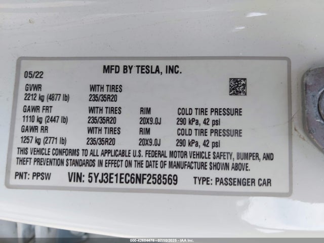2022 TESLA MODEL 3 5YJ3E1EC6NF258569 Photo 8