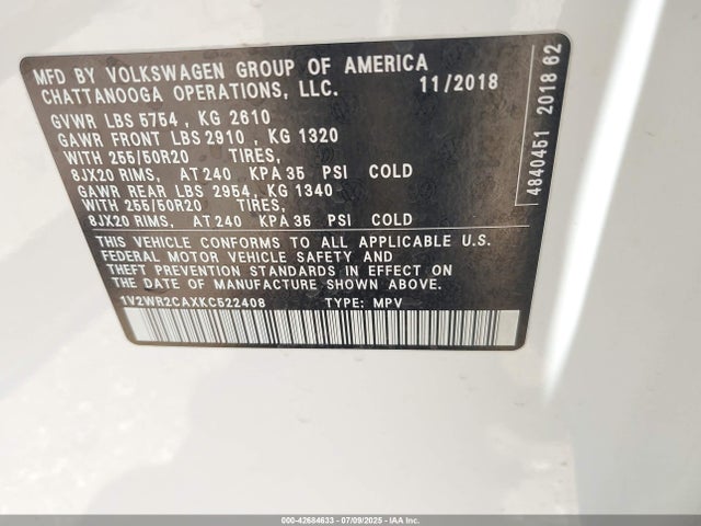 Volkswagen Atlas 2019 1V2WR2CAXKC522408 Image 9