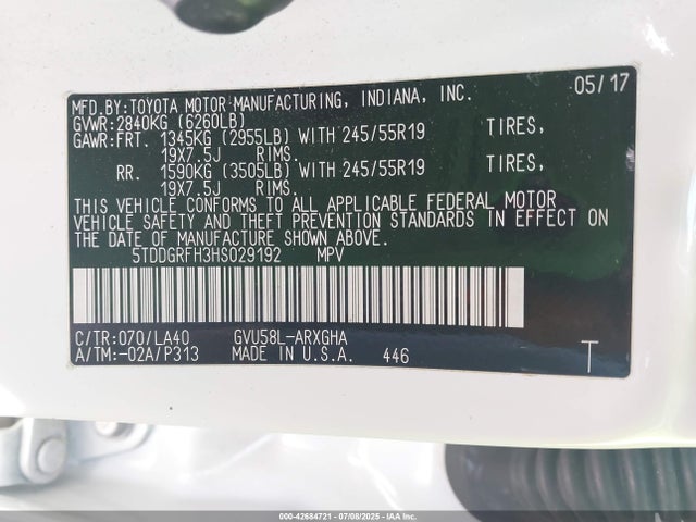 Toyota 2gr-fxs, 4jm+2fm 2017 5TDDGRFH3HS029192 Image 9