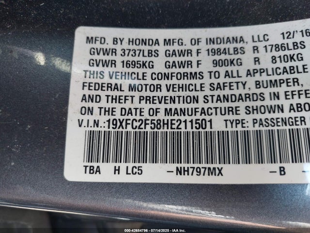 Honda k20c2 2017 19XFC2F58HE211501 Image 9