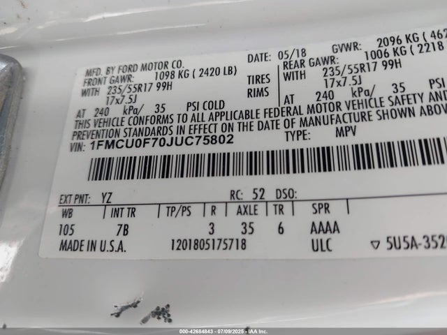 Ford 2.5l i-vct 2018 1FMCU0F70JUC75802 Image 9