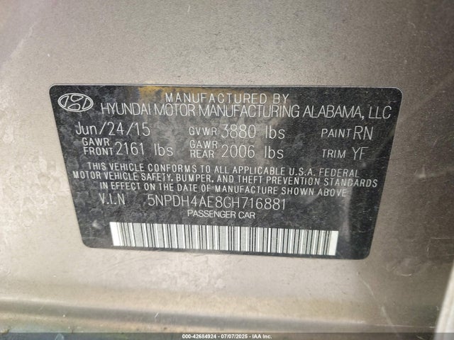 Hyundai dohc mpi nu 2016 5NPDH4AE8GH716881 Image 9