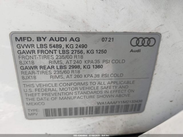 2021 AUDI Q5 WA1AAAFY1M2133438 Photo 8