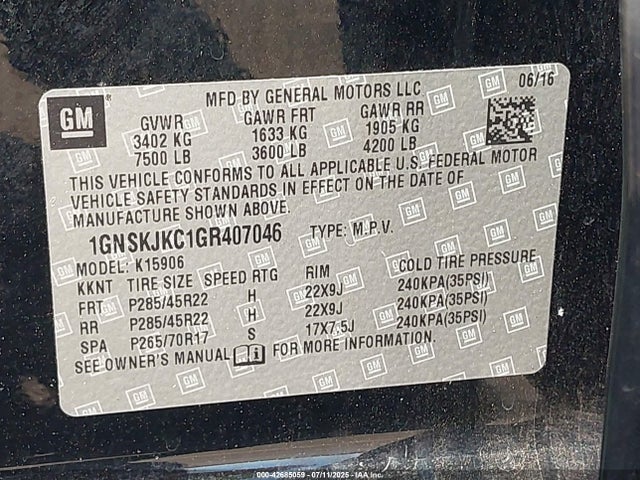 1GNSKJKC1GR407046 Chevrolet l83 - sidi, vvt, afm, e85 max, aluminum