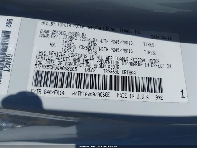 5TFRX5GN0GX068205 Toyota 2tr-fe