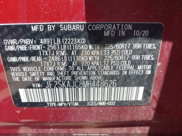 Subaru na u5 2021 JF2SKAJC8MH448626 Image 9
