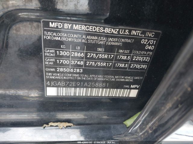 2001 MERCEDES-BENZ ML 430 4JGAB72E91A258881 Photo 8