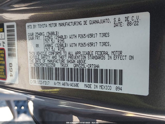 3TYRZ5CN5NT023350 Toyota 2gr-fks