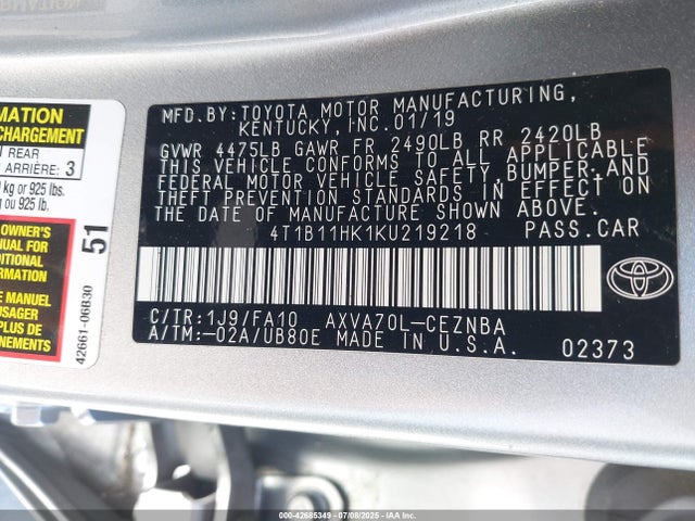 4T1B11HK1KU219218 Toyota a25a-fks
