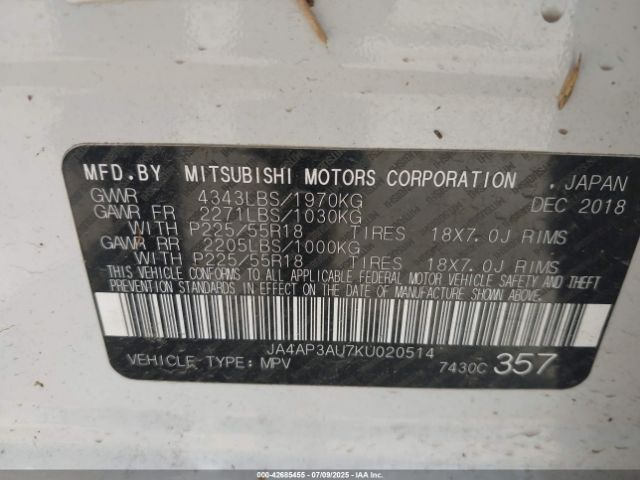 2019 MITSUBISHI OUTLANDER SPORT JA4AP3AU7KU020514 Photo 8