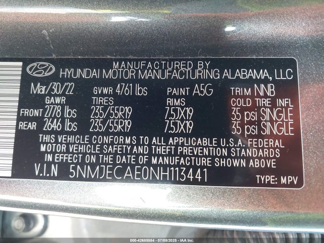 5NMJECAE0NH113441 Hyundai gdi theta iii