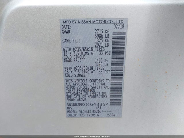 5N1DR2MMXJC643354 Nissan Pathfinder