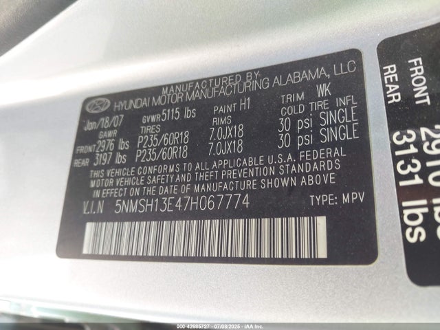 2007 Hyundai Santa Fe Limited/se მანქანა იყიდება აუქციონზე, vin: 5NMSH13E47H067774, აუქციონის ნომერი: 42685727