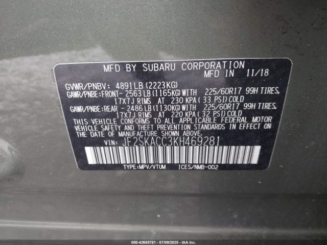 2019 SUBARU FORESTER JF2SKACC3KH469281 Photo 8