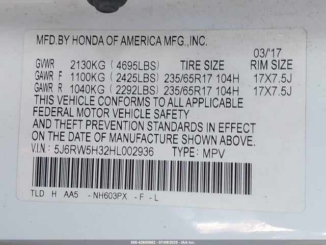 5J6RW5H32HL002936 Honda k24w9/k24v9
