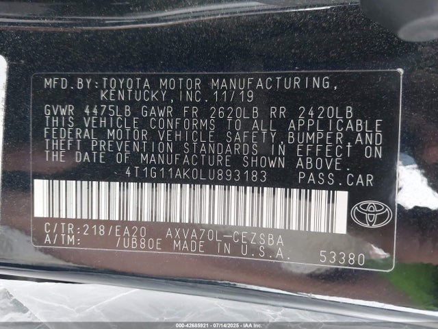4T1G11AK0LU893183 Toyota a25a-fks