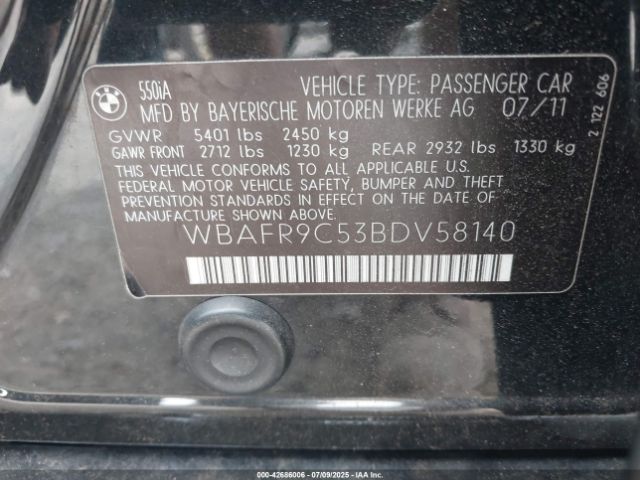 2011 BMW 550I WBAFR9C53BDV58140 Photo 8