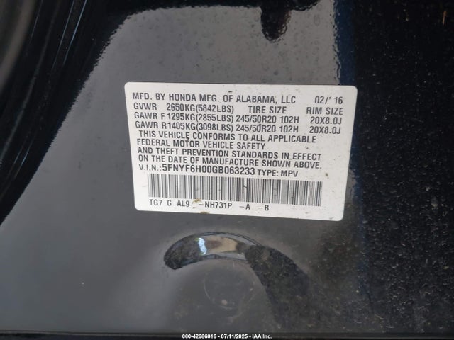 Honda j35y6 2016 5FNYF6H00GB063233 Image 9