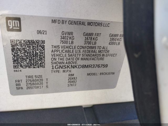 2021 CHEVROLET TAHOE 1GNSKNKD8MR376759 Photo 8