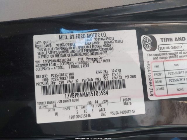 2011 FORD MUSTANG 1ZVBP8AM6B5105584 Photo 8